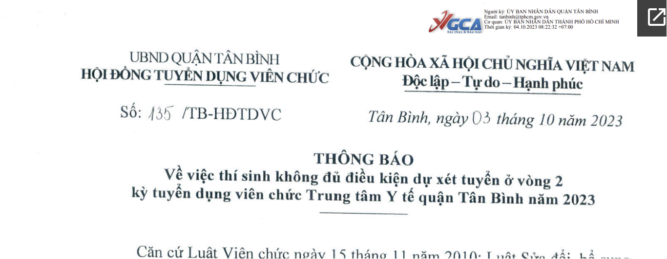THÔNG BÁO VỀ THÍ SINH KHÔNG ĐỦ ĐIỀU KIỆN DỰ XÉT TUYỂN VÒNG 2 KỲ TUYỂN DUNG VIÊN CHỨC 2023