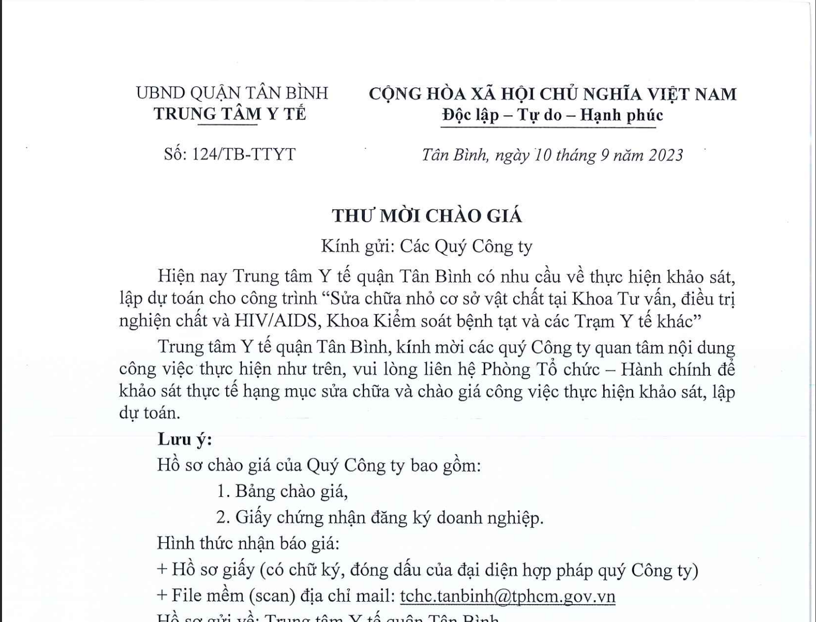 THƯ MỜI CHÀO GIÁ