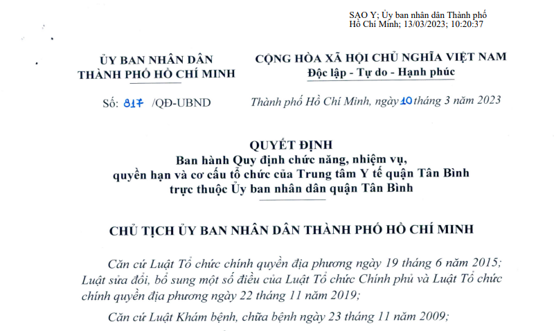 Quyết định ban hành quy định, nhiệm vụ, quyền hạn và cơ cấu tổ chức của Trung tâm Y tế quận Tân Bình trực thuộc Ủy ban nhân dân quận Tân Bình