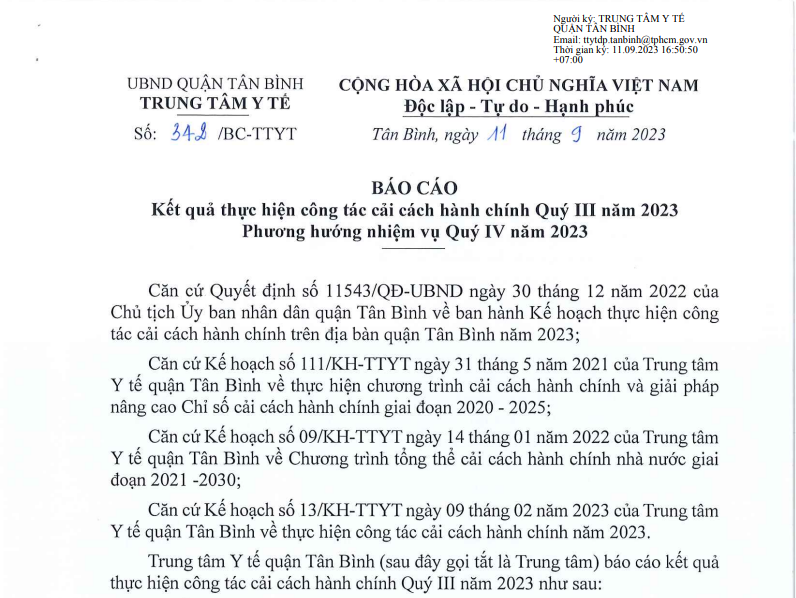 Báo cáo kết quả thực hiện công tác cải cách hành chính Quý III/2023, phương hướng công tác Quý IV/2023