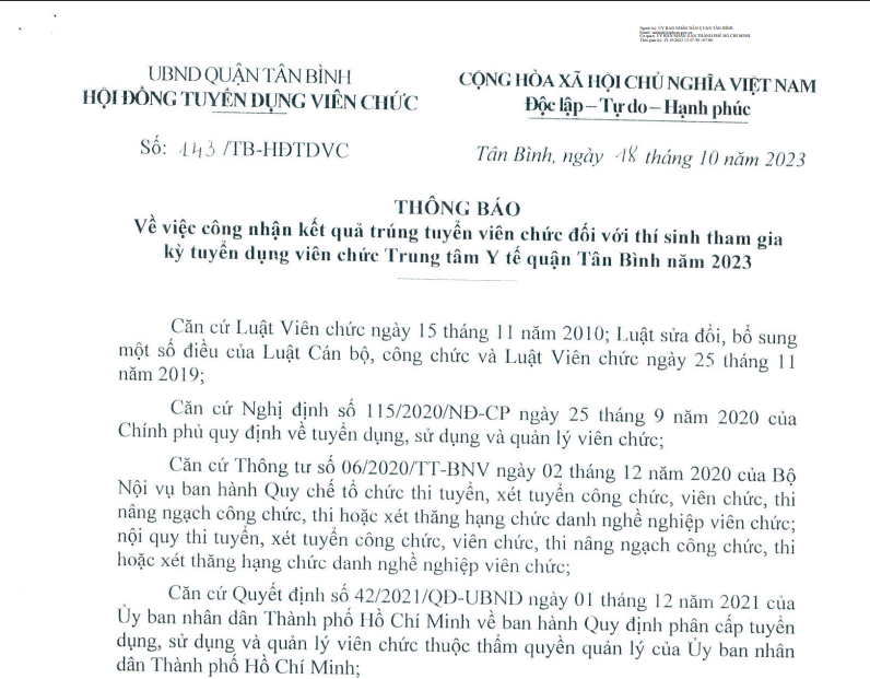 Thông báo về việc công nhận kết quả trúng tuyển viên chức đối vơi thí sinh tham gia kỳ tuyển dụng viên chức  Trung tâm Y tế quận Tân Bình năm 2024