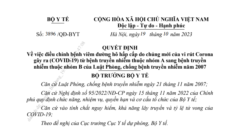 Quyết định về việc điều chỉnh bệnh viêm đường hô hấp cấp do chủng mới của vi rút Corona gây ra (COVID-19) từ bệnh truyền nhiễm thuộc nhóm A sang bệnh truyền nhiễm thuộc nhóm B