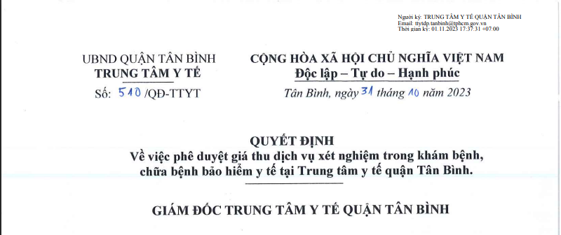 V/v phê duyệt giá thu dịch vụ xét nghiệm trong khám bệnh, chữa bệnh bảo hiểm y tế  tại Trung tâm Y tế quận Tân Bình