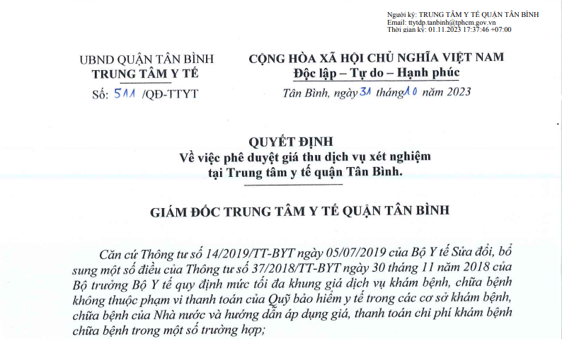 V/v phê duyệt giá thu dịch vụ xét nghiệm tại Trung tâm Y tế quận Tân Bình