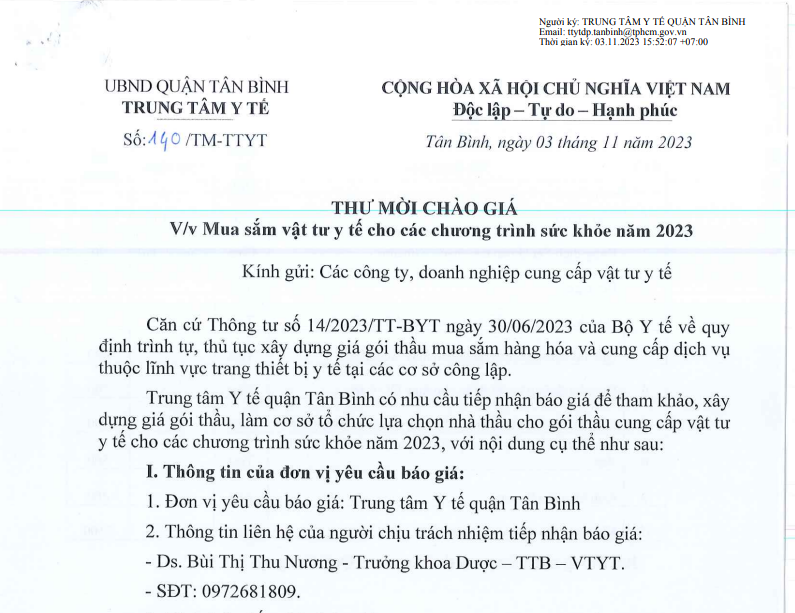 Thư mời chào giá v/v mua sắm vật tư y tế cho các chương trình sức khỏe năm 2023