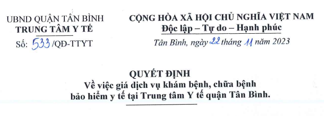 Quyết định về giá dịch vụ khám bệnh, chữa bệnh Bảo hiểm Y tế tại Trung tâm Y tế quận Tân Bình