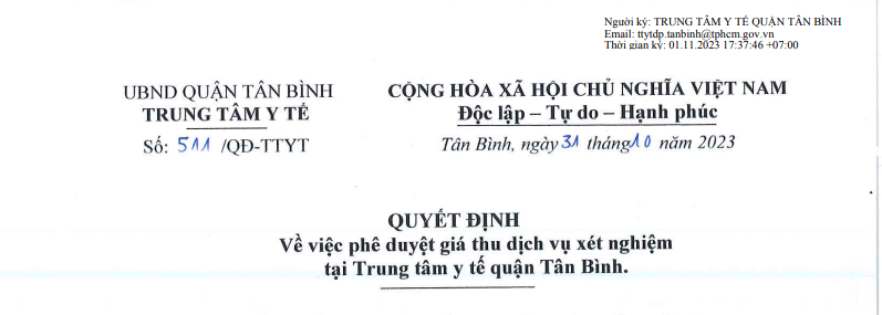 Giá thu dịch vụ xét nghiệm tại Trung tâm y tế quận Tân Bình