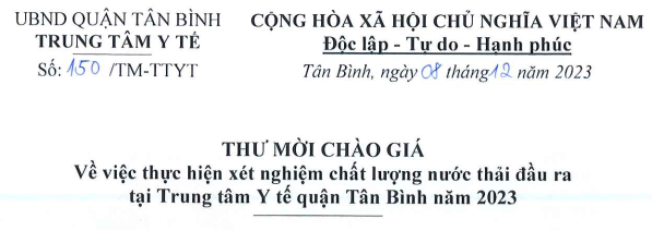 Thư mời chào giá về việc thực hiện xét nghiệm chất lượng nước thải đầu ra tại Trung tâm Y tế quận Tân Bình năm 2023