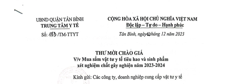 Thư mời chào giá mua sắm vật tư y tế tiêu hao và sinh phẩm xét nghiệm chất gây nghiện năm 2023-2024