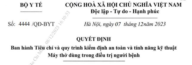 Quyết định ban hành tiêu chí và quy trình kiểm định an toàn và tính năng kỹ thuật Máy thở dùng trong điều trị người bệnh