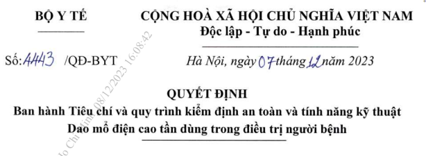 Quyết định ban hành tiêu chí và quy trình kiểm định an toàn và tính năng kỹ thuật Dao mổ điện cao tần dùng trong điều trị người bệnh