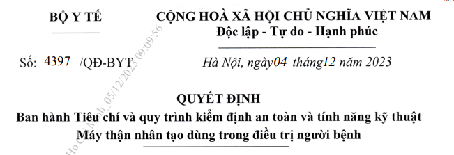 Quyết định ban hành tiêu chí và quy trình kiểm định an toàn và tính năng kỹ thuật Máy thận nhân tạo dùng trong điều trị người bệnh