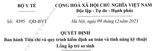Quyết định ban hành tiêu chí và quy trình kiểm định an toàn và tính năng kỹ thuật Lồng ấp trẻ sơ sinh
