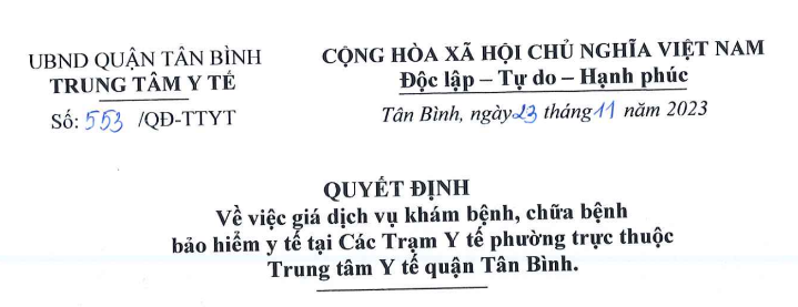 Quyết định về giá dịch vụ khám bệnh, chữa bệnh bảo hiểm y tế tại Trạm Y tế phường trực thuộc Trung tâm Y tế quận Tân Bình