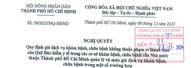 Nghị quyết Quy định giá dịch vụ khám bệnh, chữa bệnh không thuộc phạm vi thanh toán của Quỹ Bảo hiểm y tế