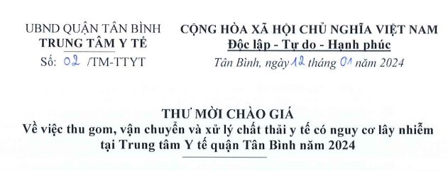 Thư mời chào giá thu gom, vận chuyển và xử lý chất thải y tế có nguy cơ lây nhiễm tại Trung tâm Y tế quận Tân Bình năm 2024