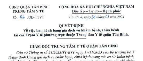 Quyết định số 56/QĐ-TTYT ngày 31/01/2024 của TTYT quận Tân Bình về việc ban hành bảng giá dịch vụ khám bệnh, chữa bệnh tại các Trạm Y tế phường trực thuộc