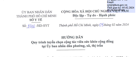 Công văn 1016/HĐ-SYT ngày 05/02/2024 của Sở Y tế về Quy trình tuyển chọn cộng tác viên sức khoẻ cộng đồng tại Uỷ ban nhân dân phường, xã, thị trấn