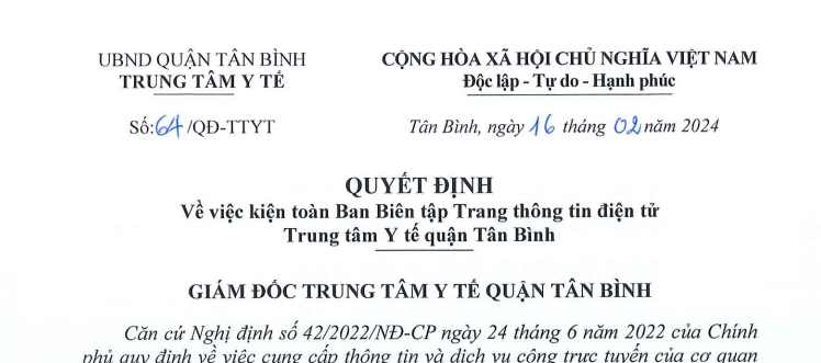 Quyết định số 64/QĐ-TTYT ngày 16/02/2024 của Trung tâm Y tế về việc kiện toàn Ban Biên tập Trang thông tin điện tử
