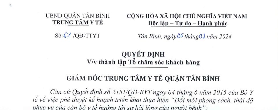 Quyết định số 61/QĐ-TTYT ngày 06/02/2024 của Trung tâm Y tế quận Tân Bình về việc thành lập Tổ chăm sóc khách hàng