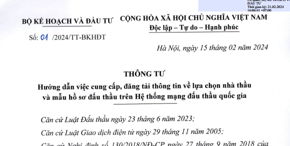 Thông tư số 01/2024/TT-BKHĐT ngày 15/02/2024 của Bộ Kế hoạch và đầu tư về hướng dẫn việc cung cấp, đăng tải thông tin về lựa chọn nhà thầu và mẫu hồ sơ đấu thầu trên Hệ thống mạng đấu thầu quốc gia