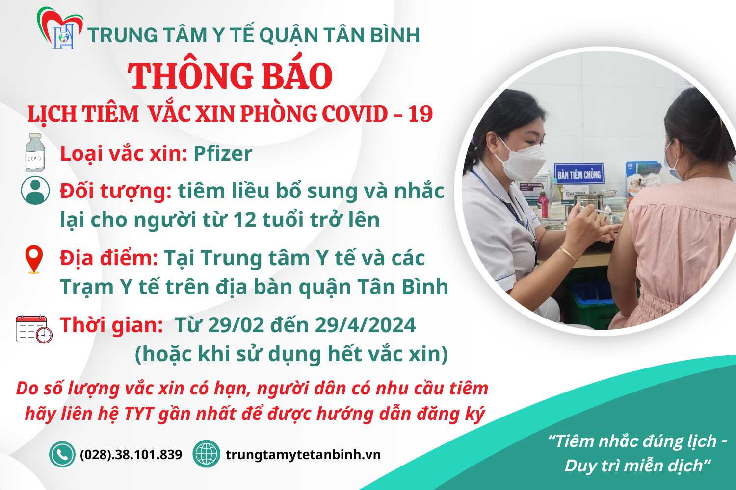 THÔNG BÁO LỊCH TIÊM VẮC XIN PHÒNG COVID-19