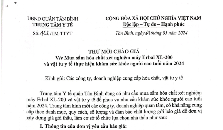 Thư mời chào giá về việc mua sắm hóa chất xét nghiệm máy Erbal XL-200 và vật tư y tế thực hiện khám sức khỏe người cao tuổi năm 2024