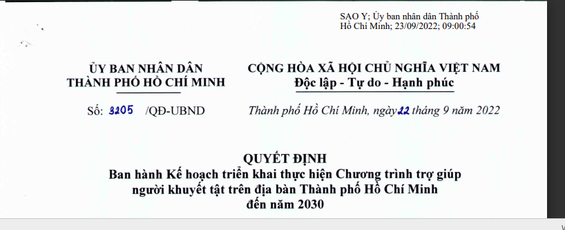 Quyết định 3205/QĐ-UBND ngày 22/9/2022 của UBND Thành phố Hồ Chí Minh về Ban hành Kế hoạch triển khai thực hiện Chương trình trợ giúp người khuyết tật trên địa bàn Thành phố HCM đến năm 2030