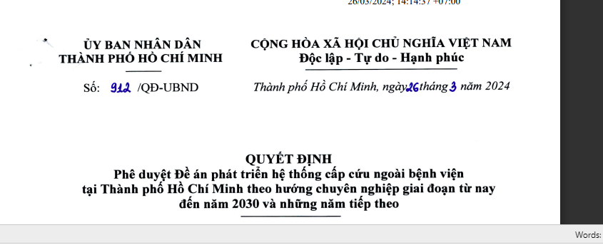 Quyết định số 912/QĐ-UBND ngày 26/3/2024 về Phê duyệt Đề án phát triển hệ thống cấp cứu ngoài bệnh viện tại Thành phố Hồ Chí Minh theo hướng chuyên nghiệp giai đoạn từ nay đến năm 2030 và những năm tiếp theo