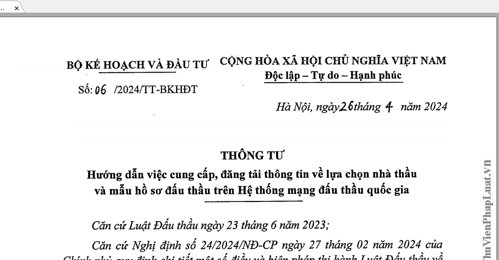 Thông tư số 06/2024/TT-BKHĐT ngày 26/4/2024 của Bộ Kế hoạch và Đầu tư về hướng dẫn việc cung cấp, đăng tải thông tin về lựa chọn nhà thầu và mẫu hồ sơ đấu thầu trên Hệ thống mạng đấu thầu quốc gia