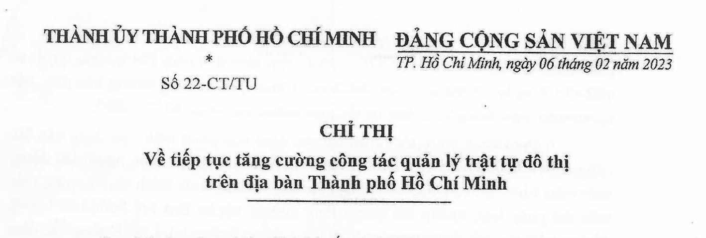 Chỉ thị số 22-CT/TU về tiếp tục tăng cường công tác quản lý trật tự đô thị trên địa bàn Thành phố Hồ Chí Minh