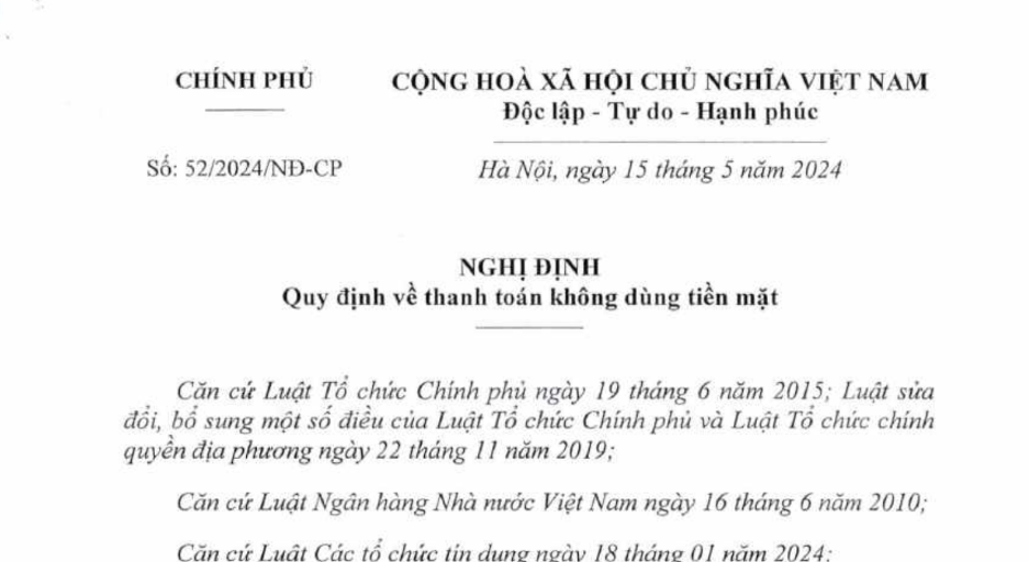 Nghị định số 52/2024/NĐ-CP ngày 15/5/2024 của Chính phủ về Quy định về thanh toán không dùng tiền mặt