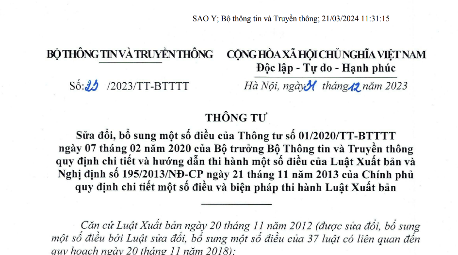 Thông tư 23/2023/TT-BTTTT ngày 31/12/2023 sửa đổi, bổ sung một số điều của Thông tư số 01/2020/TT-BTTTT ngày 07/02/2020 của Bộ trưởng Bộ Thông tin và Truyền thông