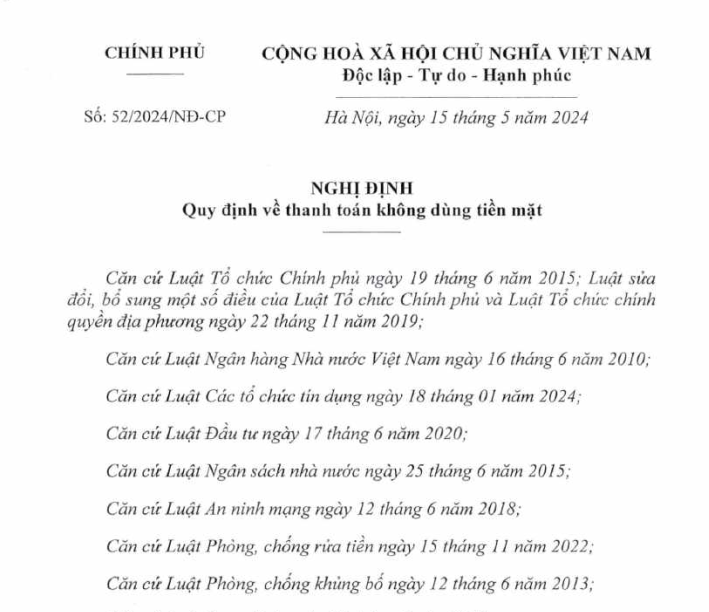 Nghị định 52/2024/NĐ-CP ngày 15/5/2024 của Chính phủ về quy định thanh toán không tiền mặt