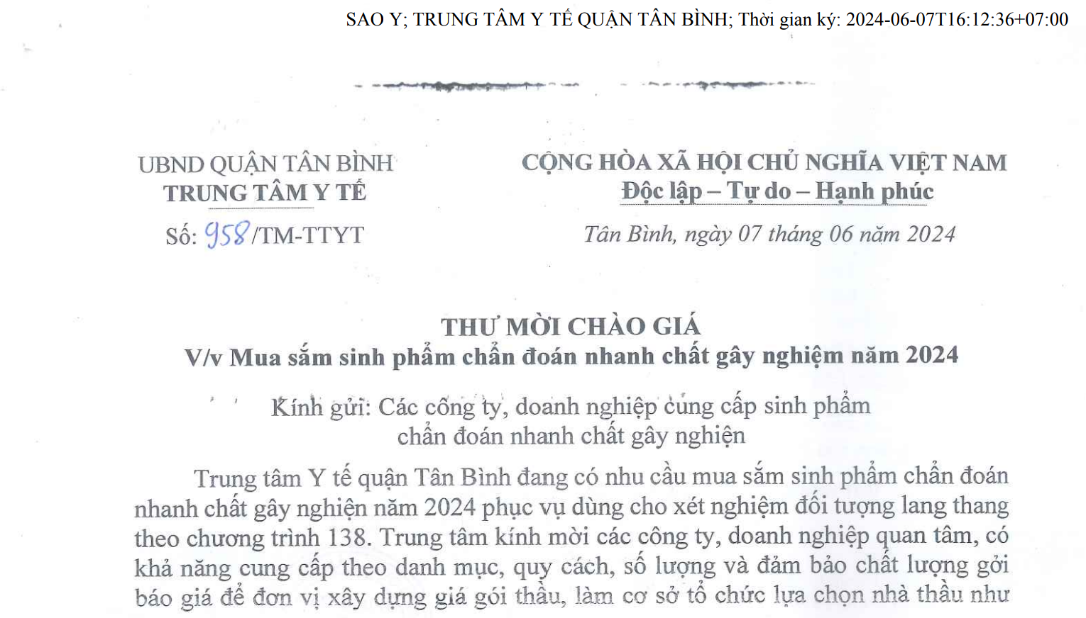 THƯ MỜI CHÀO GIÁ VỀ VIỆC MUA SẮM SINH PHẨM CHẨN ĐOÁN NHANH CHẤT GÂY NGHIỆN NĂM 2024