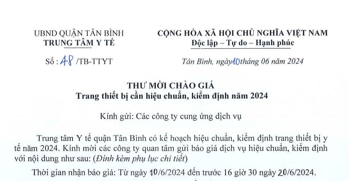 Thư mời chào giá Trang thiết bị cần hiệu chuẩn, kiểm định năm 2024