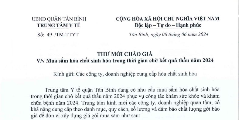 Thư mời chào giá về việc mua sắm hóa chất sinh hóa trong thời gian chờ kết quả thầu năm 2024
