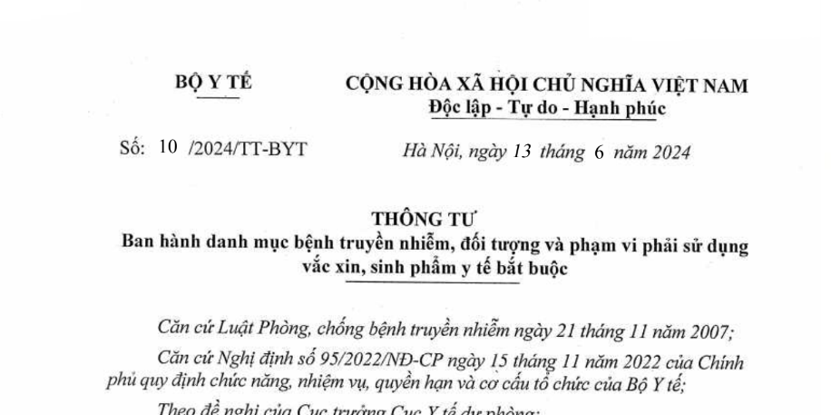 Thông tư số 10/2024/TT-BYT Ban hành danh mục bệnh truyền nhiễm, đối tượng và phạm vi sử dụng vắc xin, sinh phẩm y tế bắt buộc