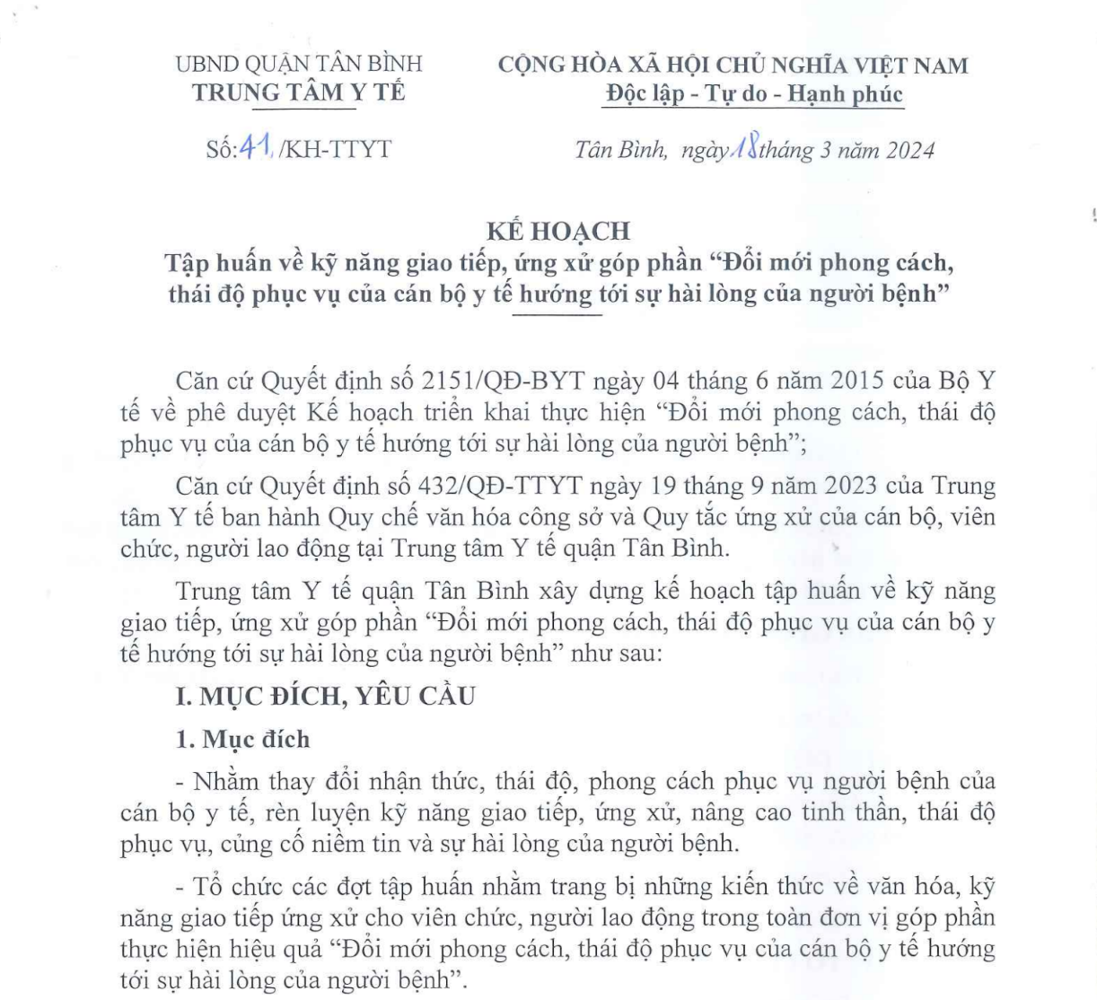41/KH-TTYT - KẾ HOẠCH TẬP HUẤN QUY TẮC ỨNG XỬ NĂM 2024