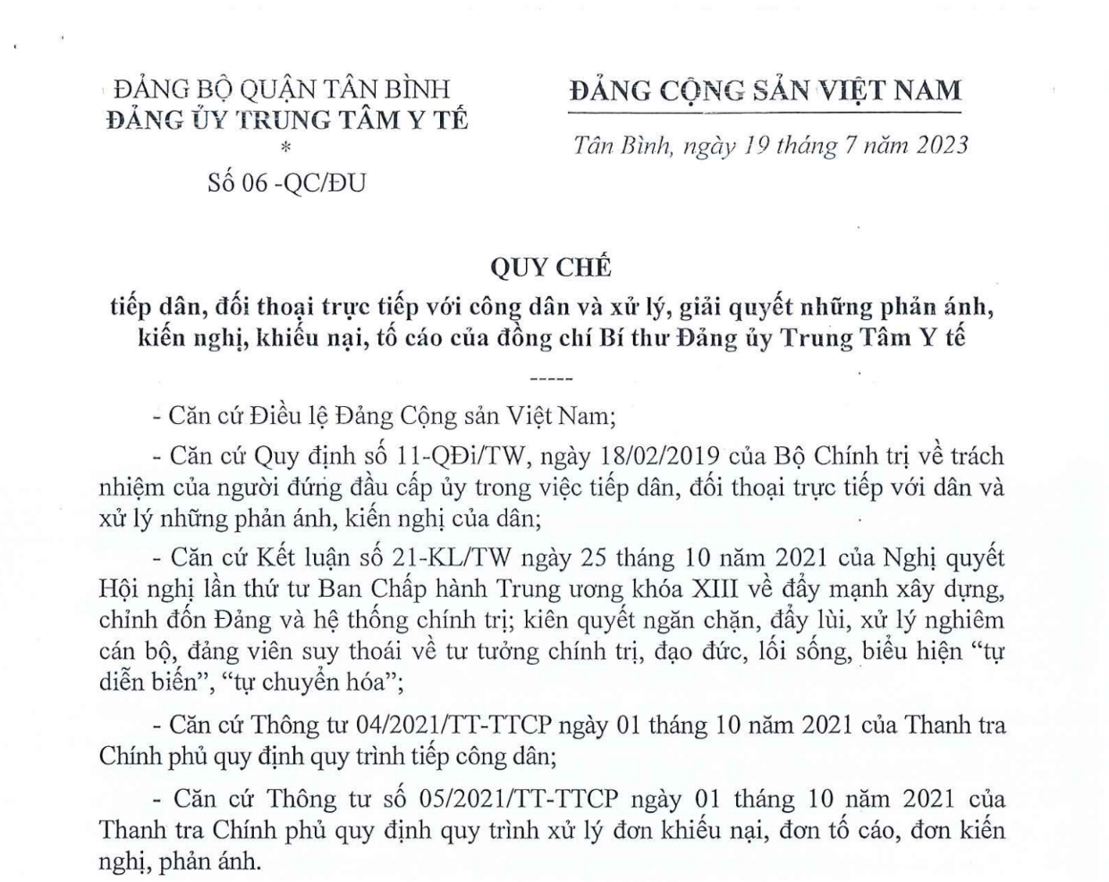 QUY CHẾ TIẾP CÔNG DÂN CỦA ĐỒNG CHÍ BÍ THƯ ĐẢNG ỦY