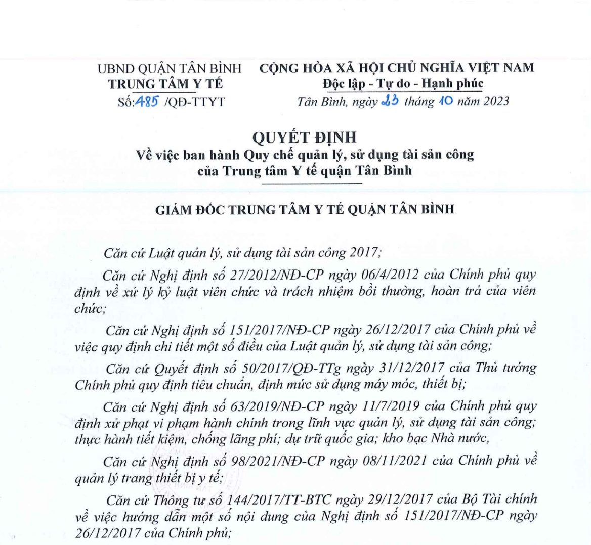 QUYẾT ĐỊNH BAN HÀNH QUY CHẾ QUẢN LÝ, SỬ DỤNG TÀI SẢN CÔNG CỦA TRUNG TÂM Y TẾ QUẬN TÂN BÌNH