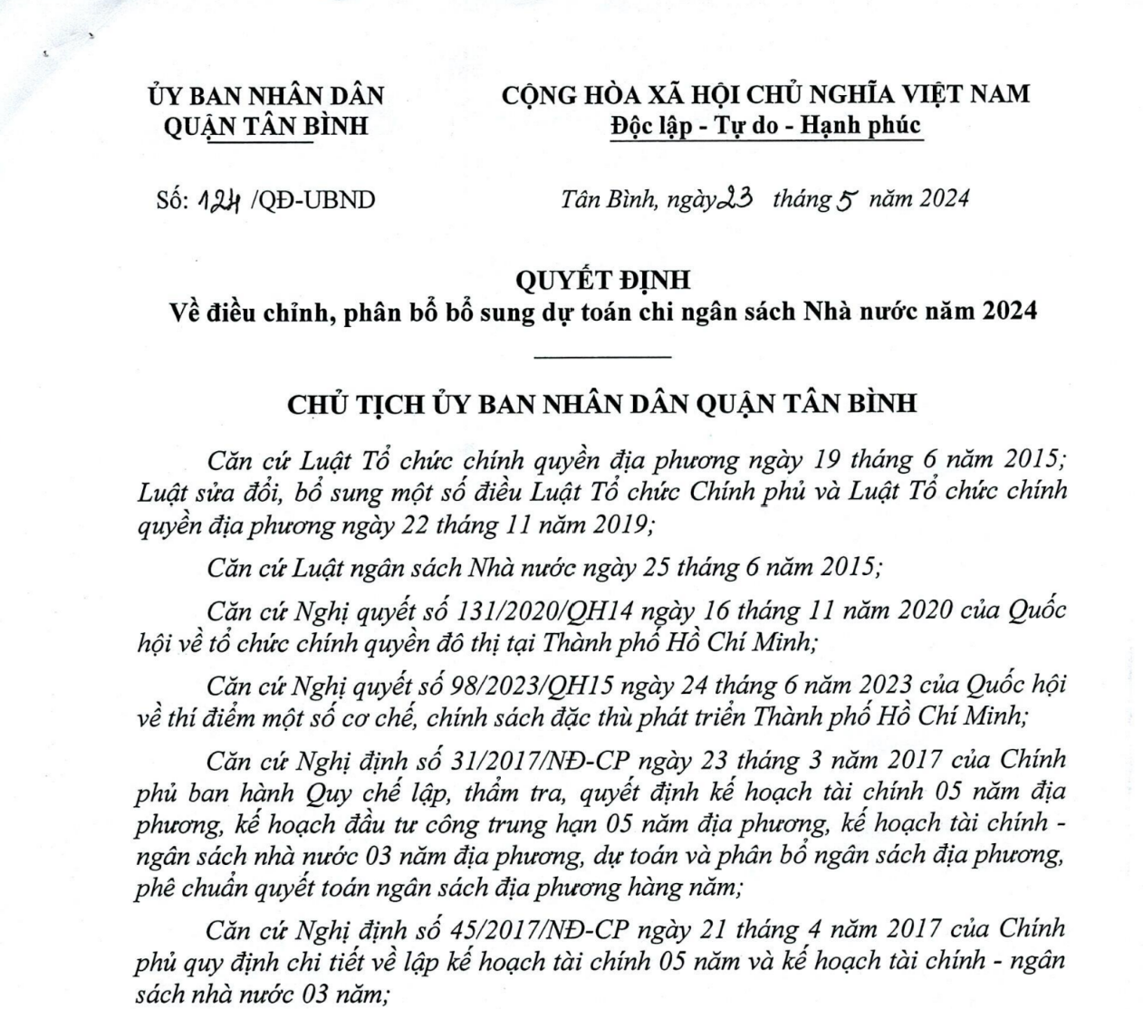 QUYẾT ĐỊNH ĐIỀU CHỈNH, PHÂN BỔ DỰ TOÁN CHI NGÂN SÁCH NHÀ NƯỚC NĂM 2024