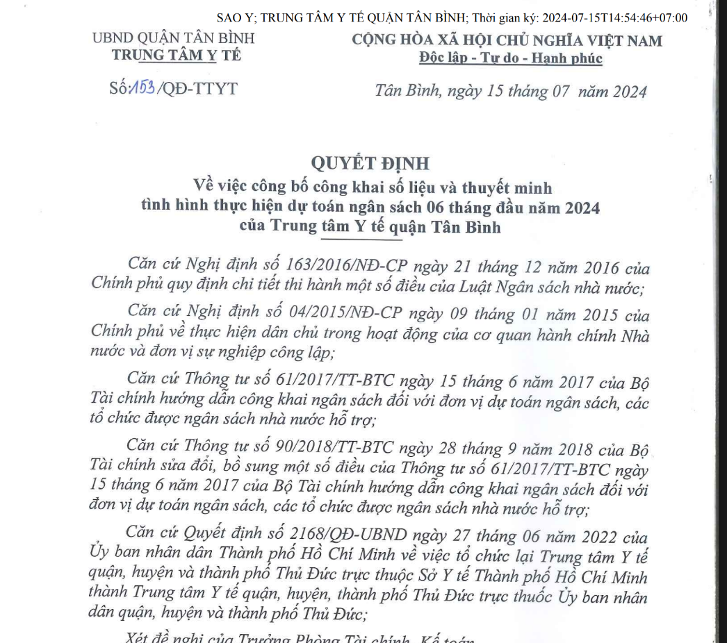 Quyết định số 153/QĐ-TTYT ngày 15/7/2024 của Trung tâm Y tế quận Tân Bình về việc công bố công khai số liệu và thuyết minh tình hình thực hiện dự toán ngân sách 06 tháng đầu năm 2024 của TTYT quận Tân Bình