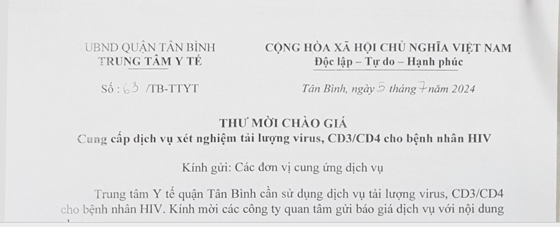 Thư mời số 63/TB-TTYT ngày 05/7/2024 về việc chào giá Cung cấp dịch vụ xét nghiệm tải lượng virus, CD3/CD4 cho bệnh nhân HIV