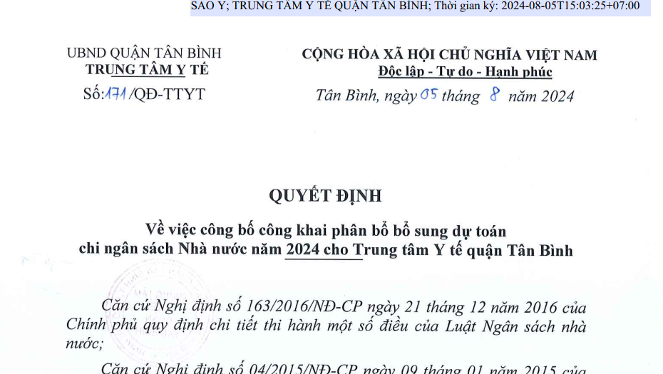 Quyết định số 171/QĐ-TTYT ngày 05/8/2024 của Trung Tâm Y tế quận Tân Bình về việc công bố công khai phân bổ bổ sung dự toán chi ngân sách Nhà nước năm 2024 cho Trung Tâm Y tế quận Tân Bình